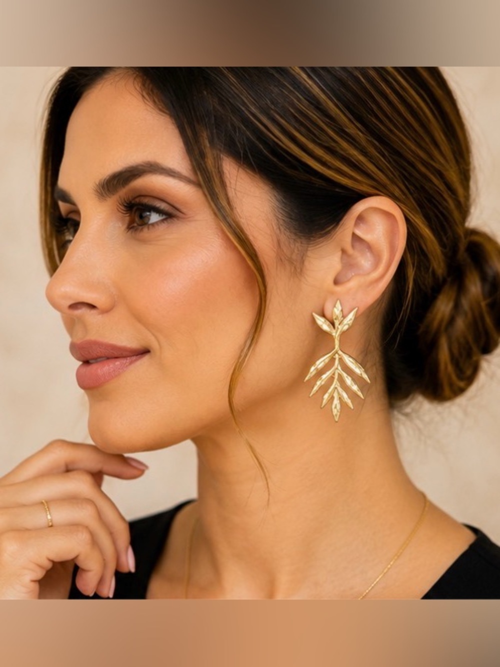 Gold-Tone Botanical Leaf Branch Statement Earrings